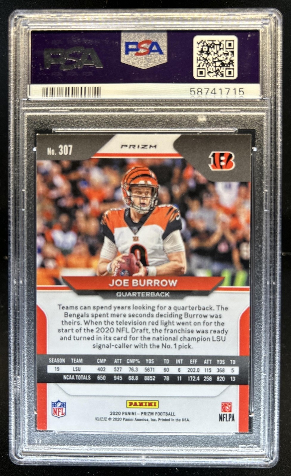 2020 Panini Prizm Joe Burrow RC Disco Rookie #307 Bengals PSA 10 GEM MINT view 2
