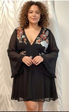 ASOS Curve Black Vibrant Floral Embroidered Fit & Flare Bell Sleeve Dress 26