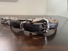 BRIGHTON BLACK EMBOSSED Leather Silver Buckle Sz. Small 34803 Belt