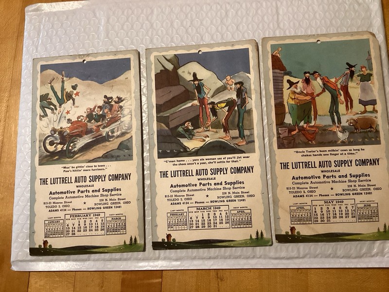 3 VINTAGE PAUL WEBB THE MOUNTAIN BOYS  1949 COMIC CALENDARS  LUTTRELL AUTO PARTS