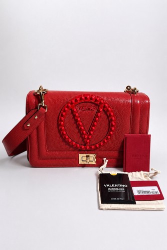 Valentino by Mario Valentino Red Studded V Logo Leather Crossbody Shoulder Bag