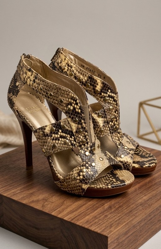 188. Stuart Weitzman Python-Embossed Studded Platform Stiletto - 8.5 - MSRP $495