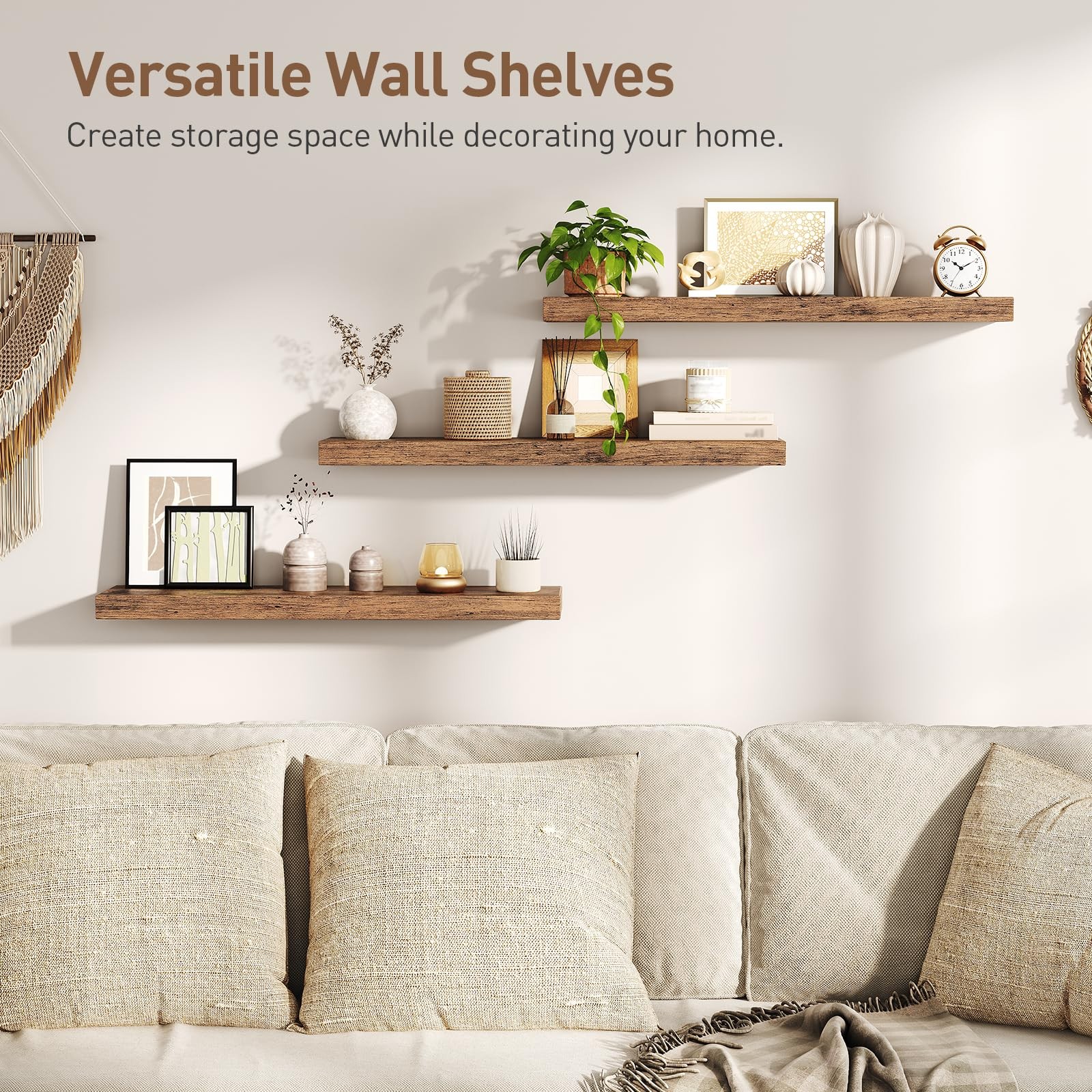 Floating Shelves for Wall, 1.5" Thick Wall Shelf Set of 3 with Invisible Brac...