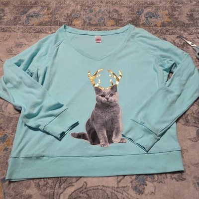 whimsy Bongo Light Blue Pullover Cat Graphic V-Neck Sweatshirt  Women's S