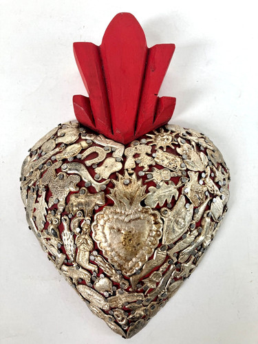 Wooden Sacred Heart with Milagros 8.5" Wall Hanging Handmade Mexican Folk Art
