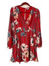 Express Women Dress XS Red Floral Long Sleeve Mini Surplice V-Neck  Lined