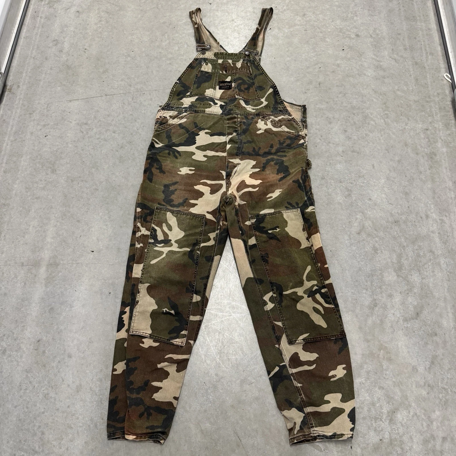 Vtg Winchester Bib Overalls Mens 42x30 Woodland Camo Workwear Loop Double Knee
