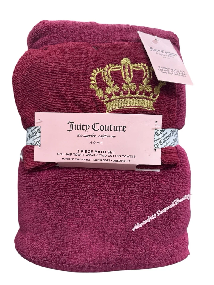 Juicy Couture Golden Crown Burgundy 3PC Bath Hair Wrap Towel , Two Cotton Towels - Image 2 of 4