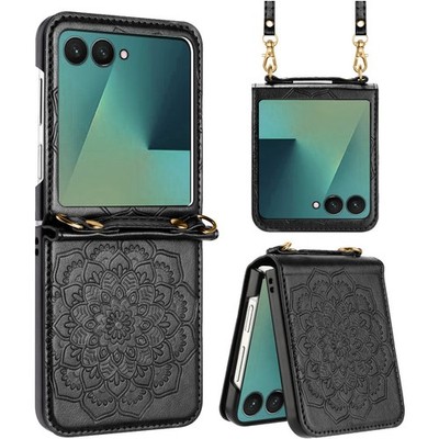 For Samsung Z Flip7 Case Embossed Design Vegan Leather Cover + Tempered Glass