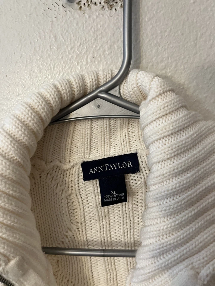 Ann Taylor Loft Cable Knit Full Zip Sweater Jacket Cream Womens XL White - Image 2 of 4
