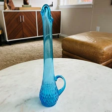 Blue Hobnail Swung Art Glass Vase Pitcher with Handle 14"