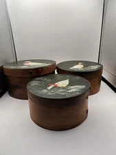Primitive Folk Art Goose Pantry Boxes – M. Wise 1985 – Set of 3 Nesting Wood Box