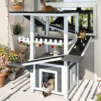 4 Tiers Outdoor Cat House Weatherproof Cat Tree Tower with Waterproof Roof and 2