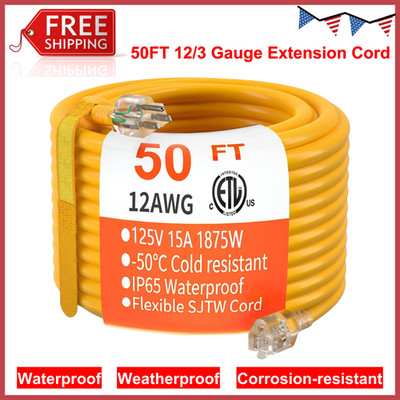 12/3 Gauge Heavy Duty Outdoor Extension Cord 50ft Waterproof w/ Lighted Flexible