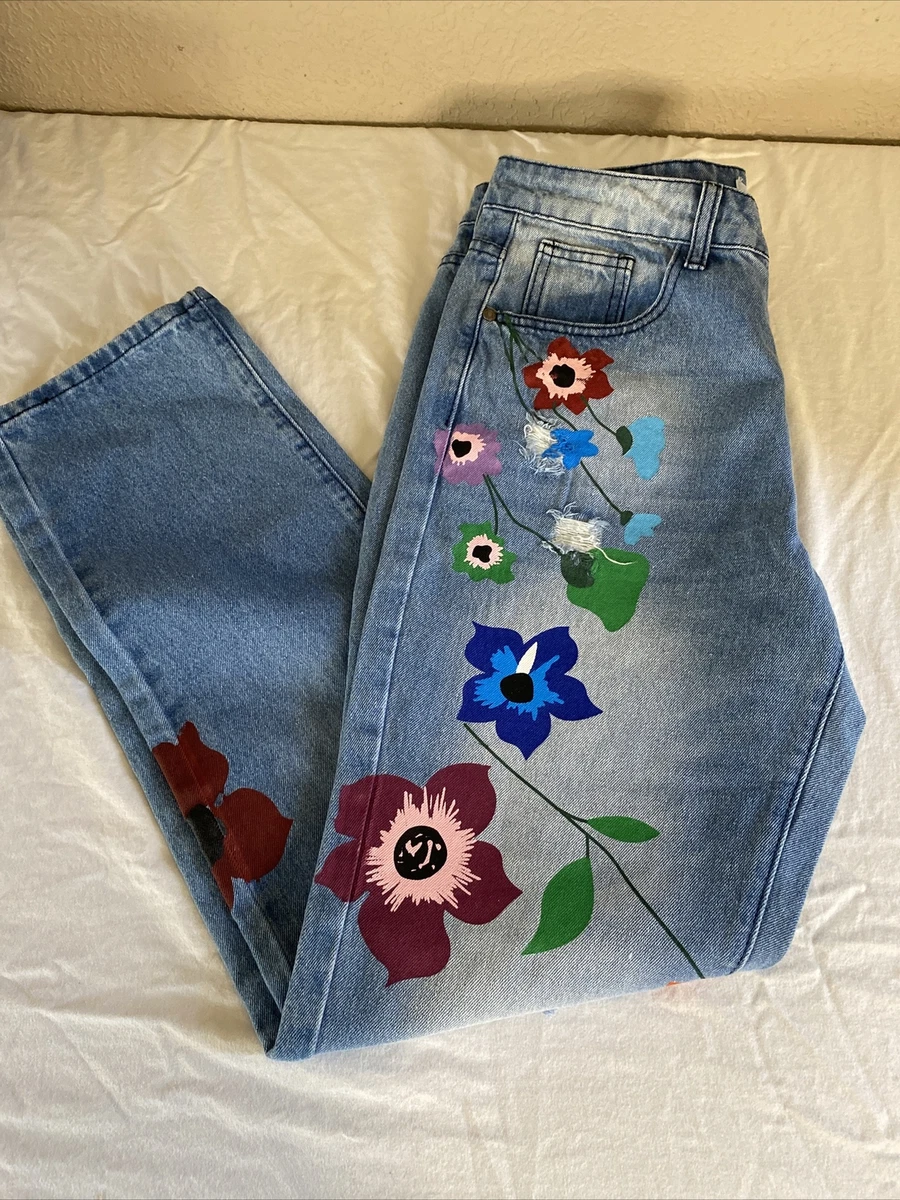 Misslook Jeans Size Small Floral Denim Blue Painted Embellished