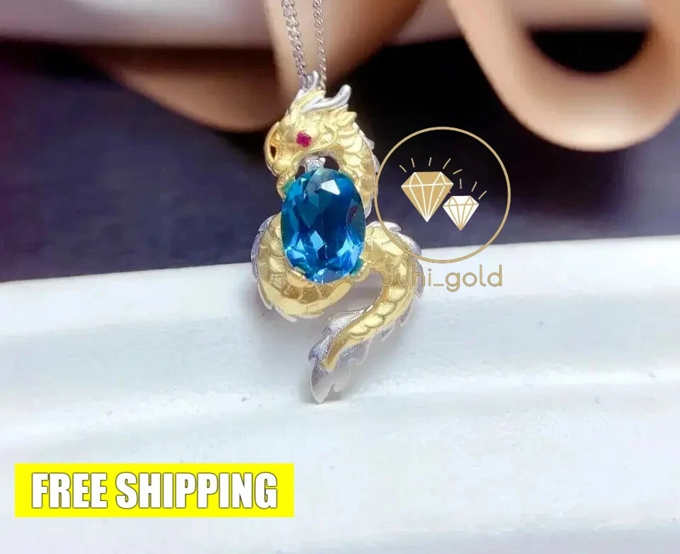 Colgante con dije de dragón de 2 quilates redondo topacio simulado de 14 quilates oro de dos tonos sobre plata para hombre Foto 2 de 4