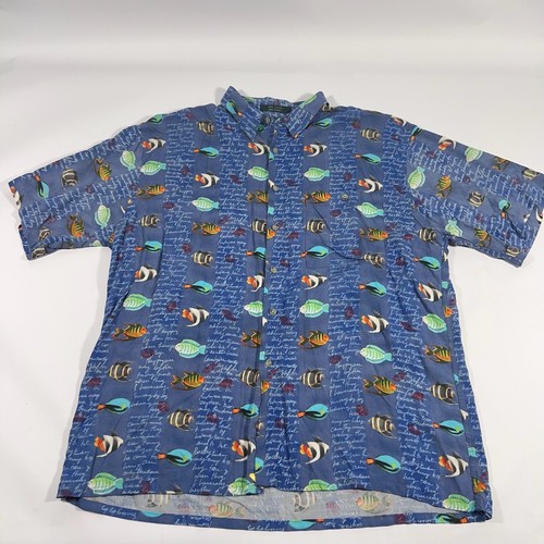 Vintage 80er Hawaiihemd Herren Größe XL Knopfleiste Blau Kurzarm Fisch
