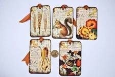 5~Primitive~Fall~Autumn~Harvest~Script~Linen Cardstock~Gift~Hang~Tags