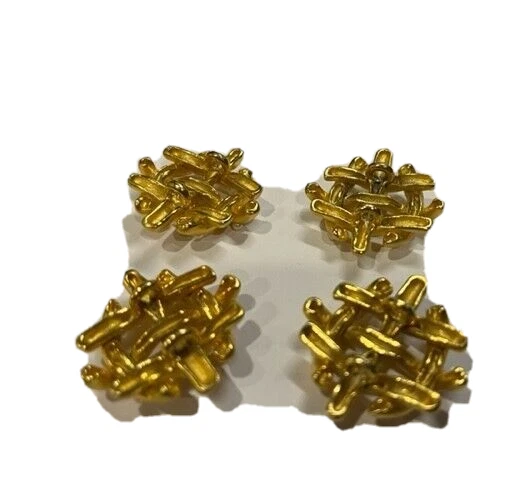 Vintage 4 Four Matte Gold Metal and Pearl 1  1/4" Geometric Pattern  Buttons - Image 2 of 2