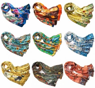 PRETTYSTERN sciarpa lunga donna seta 100% seta scarf stampe artistiche stile liberty Gustav Klimt