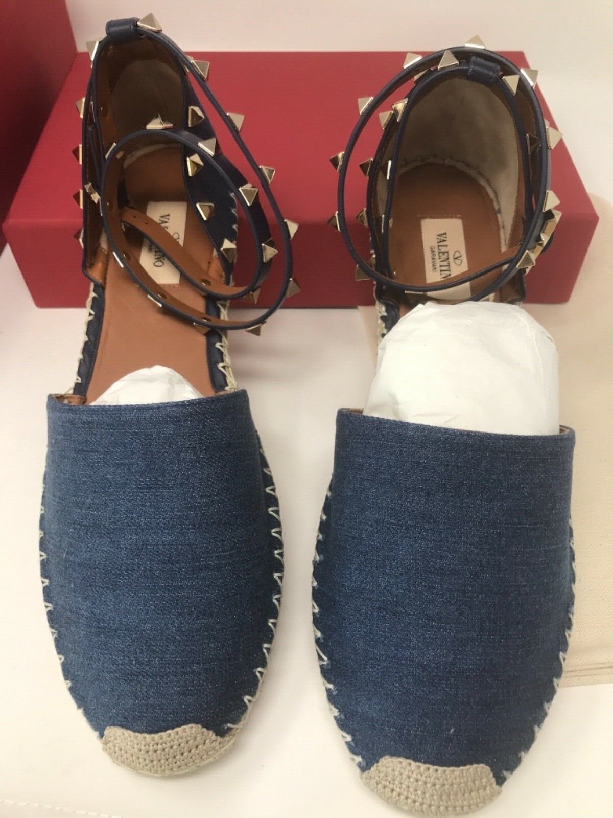 juni lidenskabelig tilbagebetaling Valentino Garavani Rockstud Double Flat Espadrilles Sandal Denim EU 41 US  11 NWB | eBay