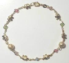 Elephant Ankle Bracelet 10 inch Gold Filled Glitter Balls & Colored Stones # 45