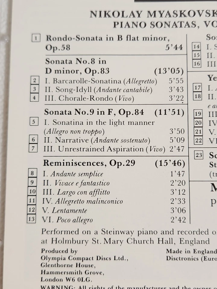 MYASKOVSKY - Myaskovsky: Piano Sonatas, Vol. 3 CD (piano Sonatas 7, 8 & 9) -EUC Foto 3 de 4