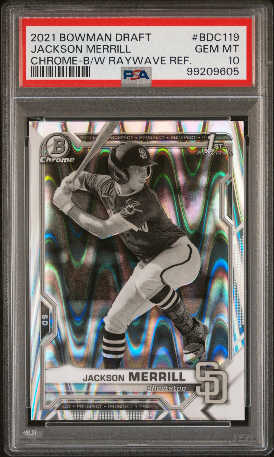 2021 Bowman Draft Jackson Merrill CHROME BLACK & WHITE RAYWAVE PSA 10 #BDC119