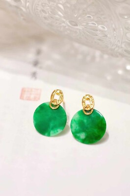 Six-word Mantra Earrings, 18K Yellow Gold Natural Top Green Type A Jadeite Jade