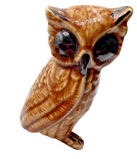 Vintage Ceramic Owl Figurine Brown Black Big Eyes Handmade Hand Painted
