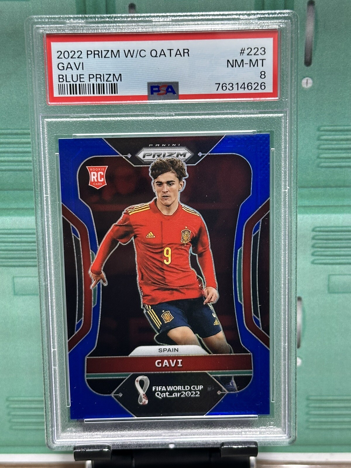 2022 Panini Blue Prizm World Cup Spain Soccer #223 Gavi RC Rookie /299 PSA 8