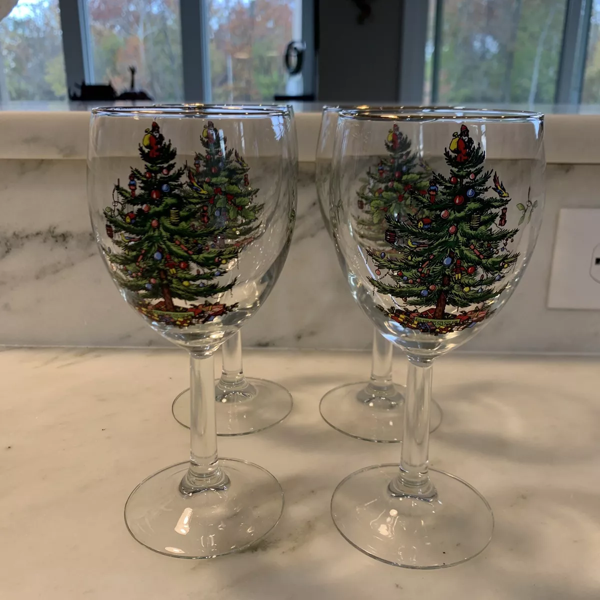 Set of 4 Spode Christmas Tree 12 oz Wine Glasses Clear Gold Rim Holiday Stemware