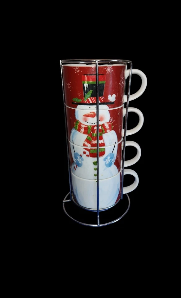 Pier 1进口可堆叠雪人圣诞杯套装带架子 — 第 2/4 张图片