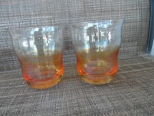 2 Marigold Carnival To Clear Bar Glasses 3 7/8"  EUC