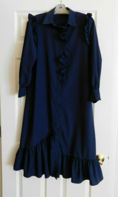 N by Nancy Ruffled Dress Navy Blue Size Small 3/4 Sleeves Buttons down midi long