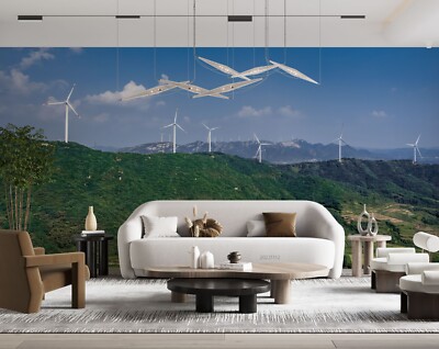 3D Mountain Windmill Landscape Self-adhesive Removeable Wallpaper Wall Mural
