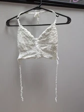 (XS/S) White Crochet Halter Bralette with Exposed Back