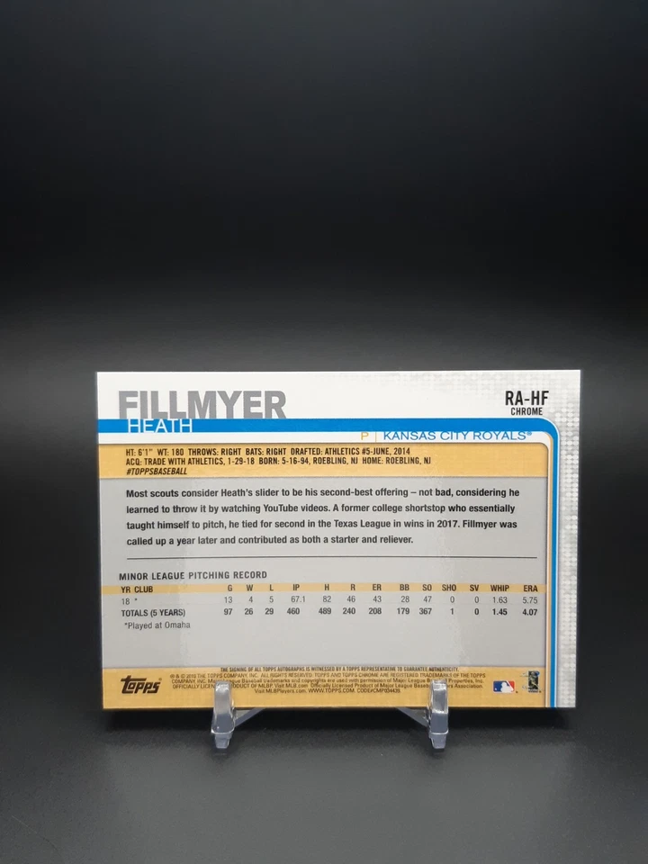 2019 Topps Chrome Heath Fillmyer Rookie Autograph Kansas City Royals MLB #RA-HF - Image 2 of 2