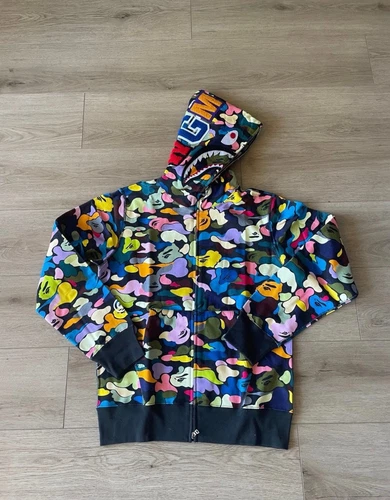 A BATHING APE (BAPE) Felpa con cappuccio BAPE A Bathing Ape multicolore mimetica full zip squalo taglie 100% autentica