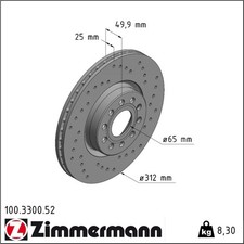 2x Zimmermann 100.3300.52 Bremsscheibe für VW SKODA SEAT AUDI GOLF PASSAT CADDY