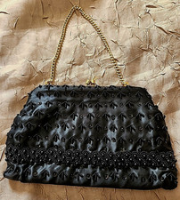 Hong Kong Evening Purse Black Sequin  Glass Beaded Clutch Hand Bag Vintage