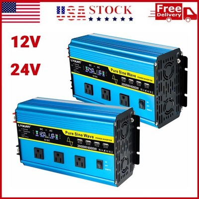 2000W 4000W Pure Sine Wave Power Inverter 12V 24V to 110V W/ 4USB Remote Control
