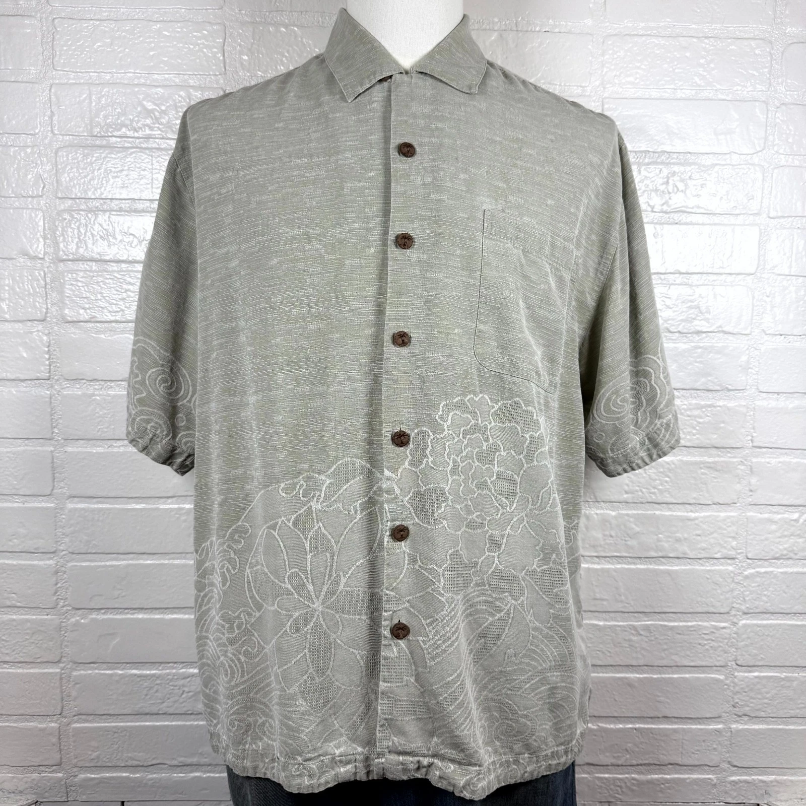 Jamaica Jaxx Hawaiian Shirt Mens L Green Floral 100% Silk Short Sleeve Vacation