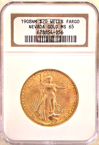 1908 $20 Saint Gaudens Gold Double Eagle  "Wells Fargo"   No Motto - MS65