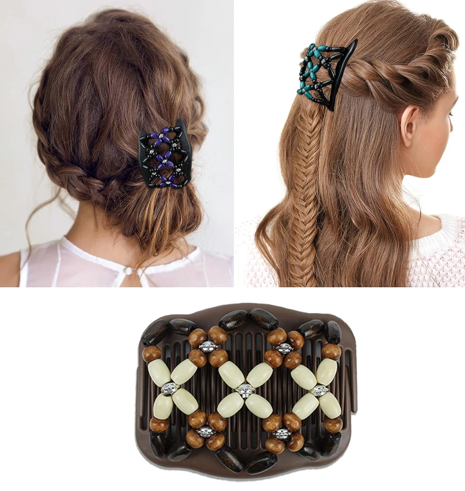 Peines elásticos dobles para el cabello con cuentas para hacer moños para mujer, 3 piezas Foto 3 de 4