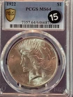 1922 United States Silver Peace Dollar PCGS Graded MS64 Gold Shield 04/2026 #15