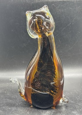 Diamond Star Corp. Cat  Hand Blown Clear Glass w/ Brown Amber Paperweight