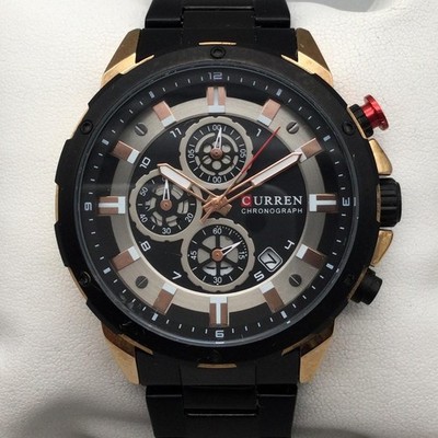 Curren Mens Watch 50mm Black Gold Tone Chronograph M8323 Steel New Battery 8.75''