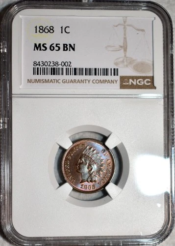 NGC MS-65 BN 1868 Indian Head Cent, Razor-Sharp, Beautifully Toned Gem!