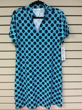 L Lulu B Women’s Short Sleeve Open Collar Navy Aqua Lattice & Twist NWT